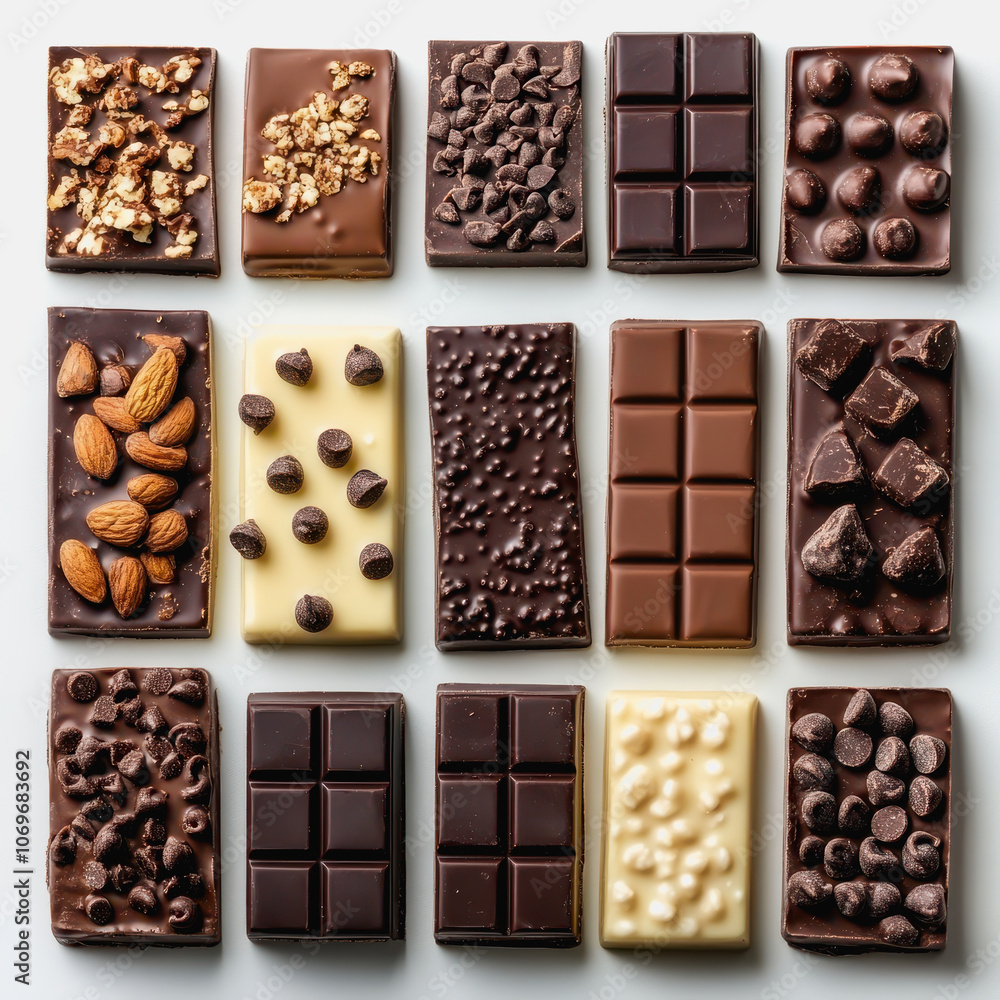 Poster a stunning array of assorted chocolate bars displayed on a clean white background, showcasing variou