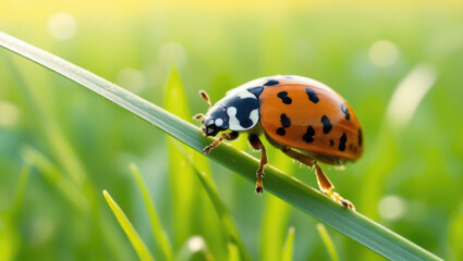 Fototapeta premium Ladybug on grass blade, vibrant colors and intricate shell details, bright morning light