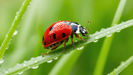 Fototapeta premium Ladybug on blade of grass with droplets, vibrant red and lush green