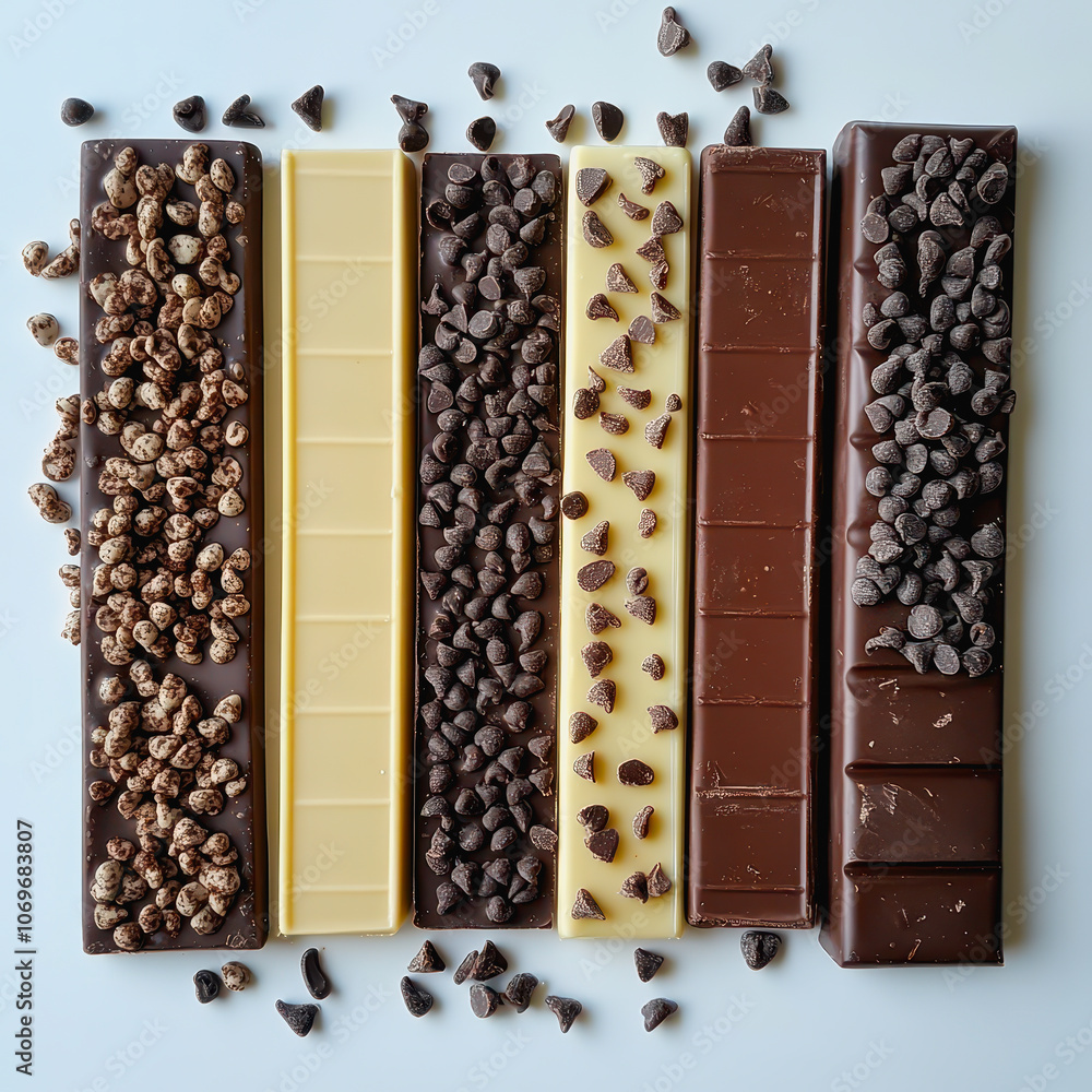 Poster a visually appealing arrangement of different chocolate bars topped with various ingredients on a cl