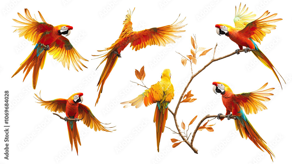 Poster vibrant amazon parrots perched on branches with colorful plumage generative ai