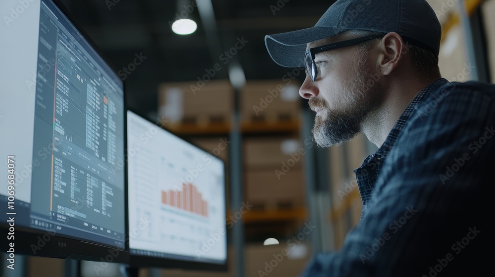 Poster a focused individual analyzes data on multiple monitors in a modern workspace.