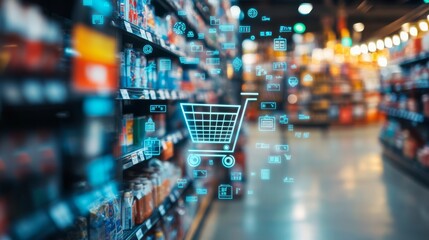 Digital shopping cart overlay in a grocery store aisle, showcasing a modern retail environment with a focus on technology and convenience.