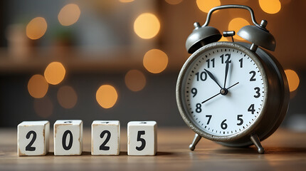 2025 text with clock on table. Resolution, time, plan, goal, motivation, reboot, countdown and New Year holiday concepts