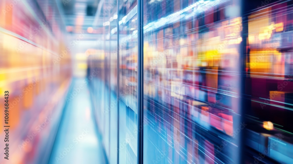 Poster a blurred view of server racks illuminated by colorful lights, representing a modern data center env