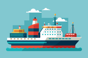 Obraz premium A Large Cargo Ship Sails Calmly on a Blue Ocean Under a Cloudy Sky