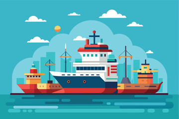 Three Ships Docked in a City Harbor on a Sunny Day