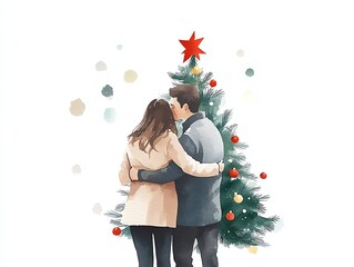 Couple embraces each other in front of a beautifully decorated christmas tree celebrating the holiday spirit together