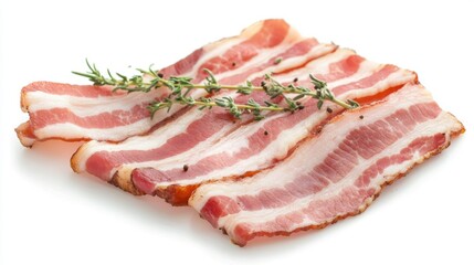 50.Raw bacon slices with delicate streaks of marbled fat, soft pink and white tones, isolated on white, close-up highlighting natural textures, fresh and appetizing for package design