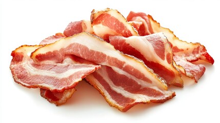 50.Raw bacon slices with delicate streaks of marbled fat, soft pink and white tones, isolated on white, close-up highlighting natural textures, fresh and appetizing for package design
