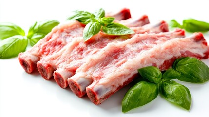 Fototapeta premium 59.A set of raw pork ribs, isolated on a clean white background with basil leaves surrounding the meat. The ribs are plump and full of marbling, and the basil adds a vibrant green contrast to the