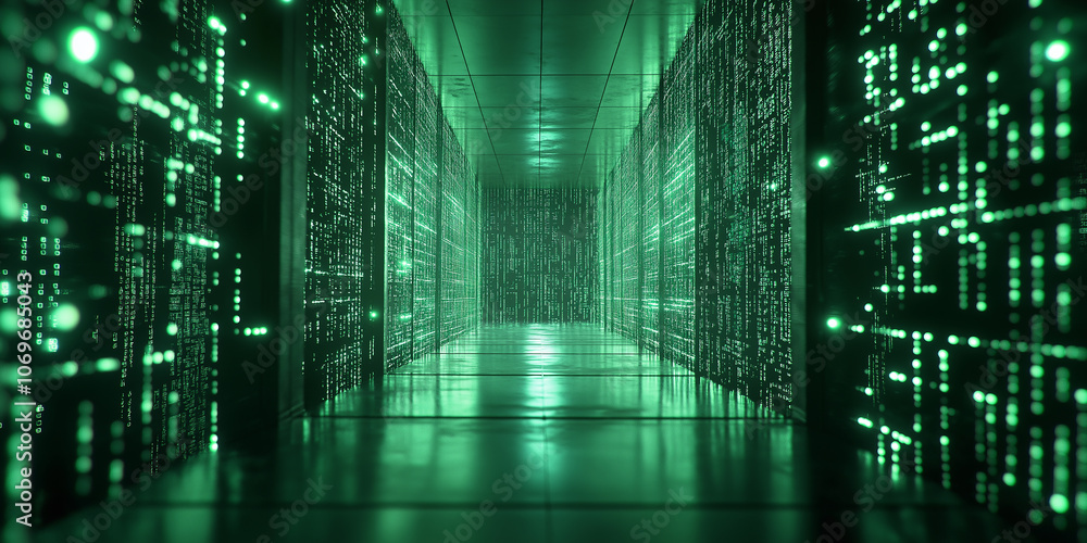 Aufkleber Server room is showing programming code flowing on digital screens inside datacenter