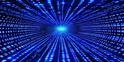 Binary code tunnel creating futuristic data stream visualization