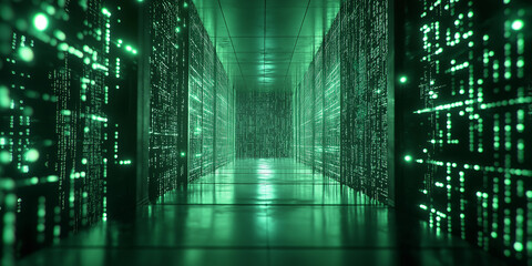 Server room is showing programming code flowing on digital screens inside datacenter
