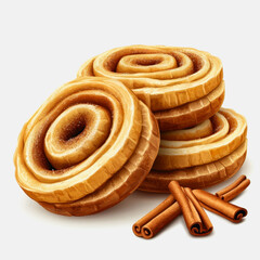 Fototapeta premium A mouthwatering display of cinnamon rolls alongside cinnamon sticks, set against a clean white background, perfect for food enthusiasts and culinary presentations.
