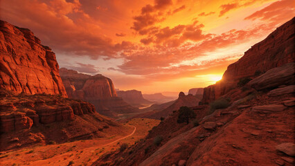 Deep red canyon glowing under a fiery orange sunset 