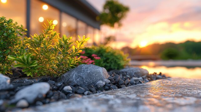 Modern Home Garden Design with Sunset and Stone Path