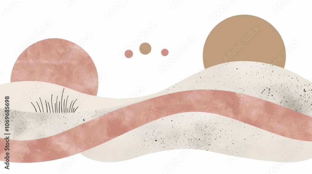 Poster a minimalist abstract design featuring soft curves, round shapes, and a warm color palette, evoking 