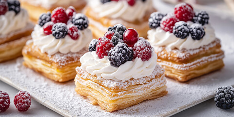 Delicious puff pastries decorated with whipped cream and fresh berries