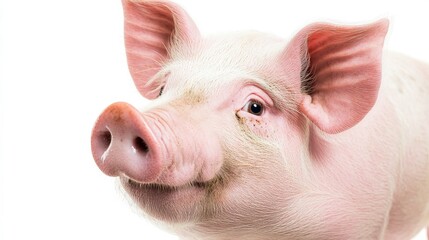91.A close-up portrait of a cheerful pink pig, its face slightly tilted to the side. The pig&acirc;&euro;&trade;s skin is smooth and rosy, its nose large and wet, with an expression that conveys curiosity and joy. The