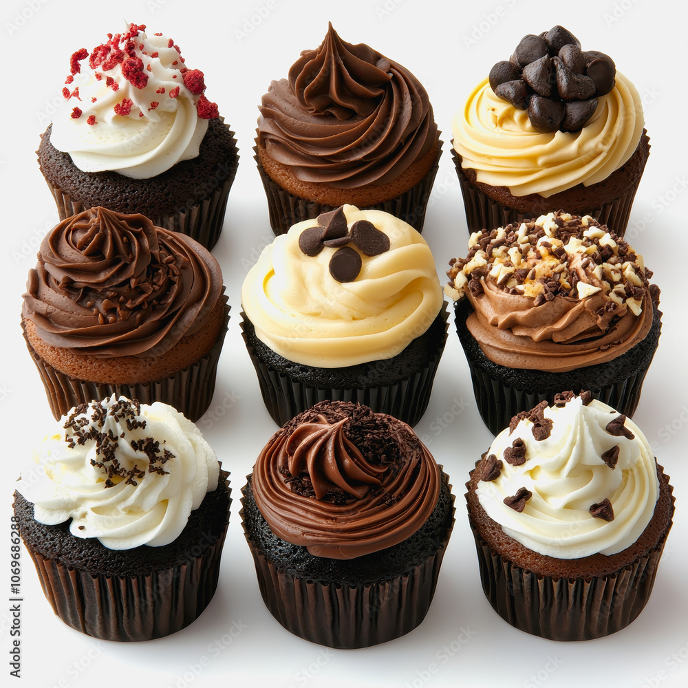 Poster this image showcases a delightful array of cupcakes with various toppings arranged neatly on a white