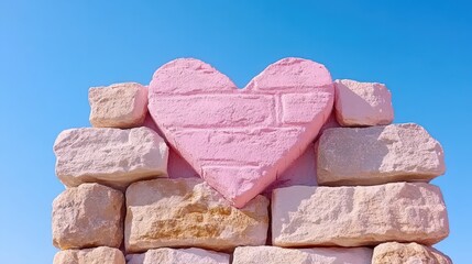 Obraz premium Pink Heart Brick Wall Stone Art Romantic Love Concept