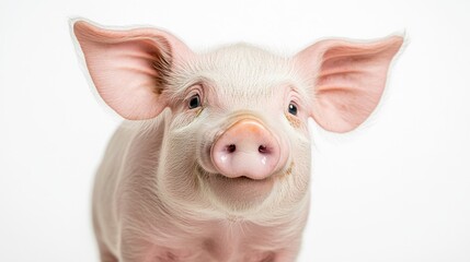 95.A young pig looking directly into the camera with a joyful expression, its nose slightly wrinkled and ears perked up. The pigâ€™s pink skin contrasts sharply with the white background, creating a