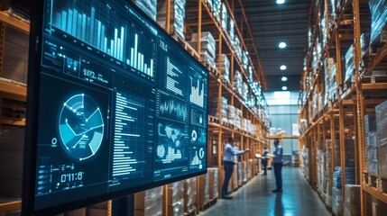 A modern warehouse scene featuring digital screens displaying data analytics alongside shelves stocked with goods.