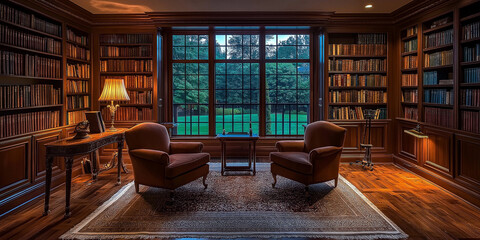 Classic home library with big window overlooking green garden