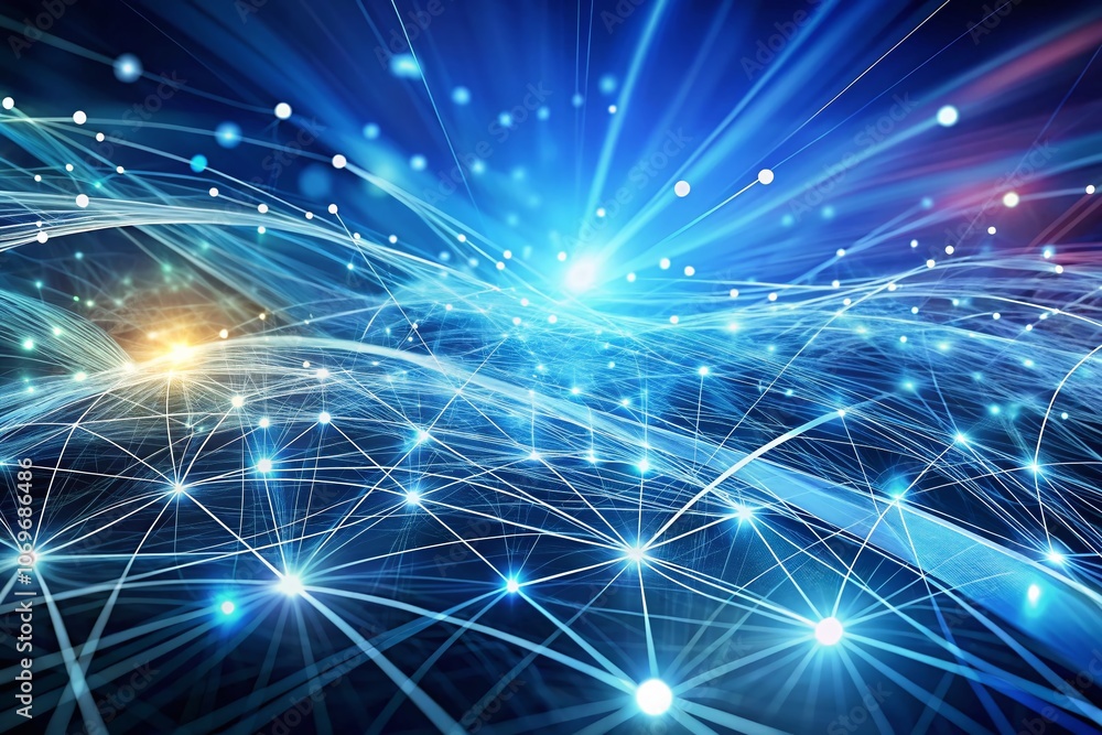 Poster abstract blue and white network background with long exposure effect, creating a dreamy and ethereal