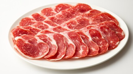 Obraz premium 98.A platter of coppa, featuring thin, delicate slices of cured pork shoulder. The slices are translucent, with rich red tones and white marbling. The meat is arranged neatly on a white plate, with