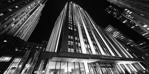Naklejka premium Impressive illuminated skyscrapers dominating new york city skyline at night, black and white photography