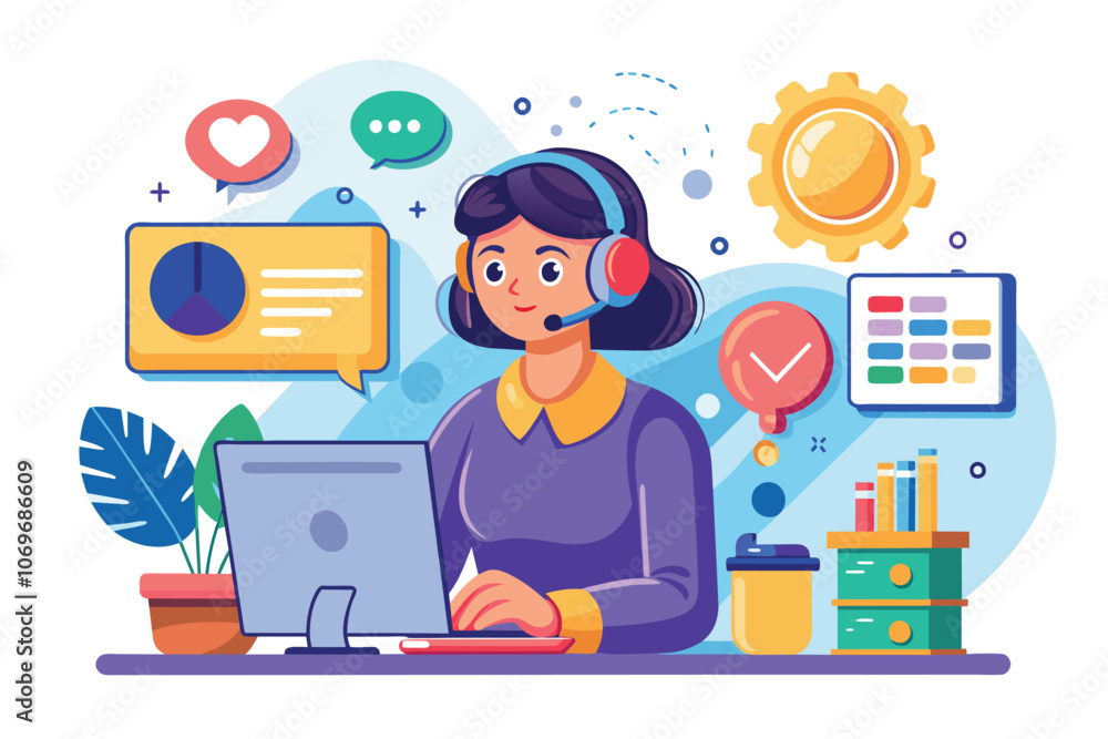 Poster smiling customer service representative working at computer