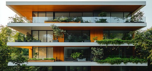 Obraz premium Modern apartment building with balconies and greenery.