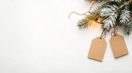 A festive arrangement featuring snow-dusted evergreen branches, two empty tags, and warm lights, perfect for holiday gifting or winter decor.