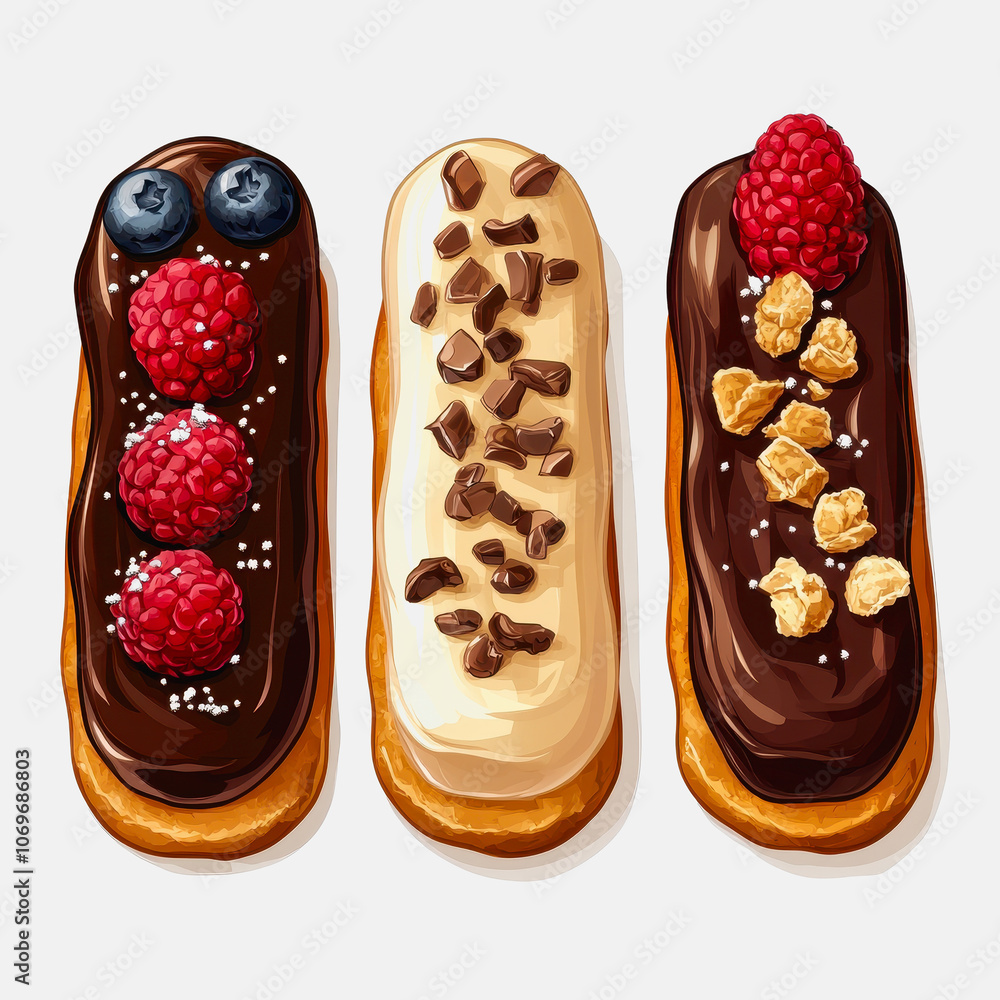 Poster a vibrant display of three colorful eclairs on a white background. each pastry features unique toppi