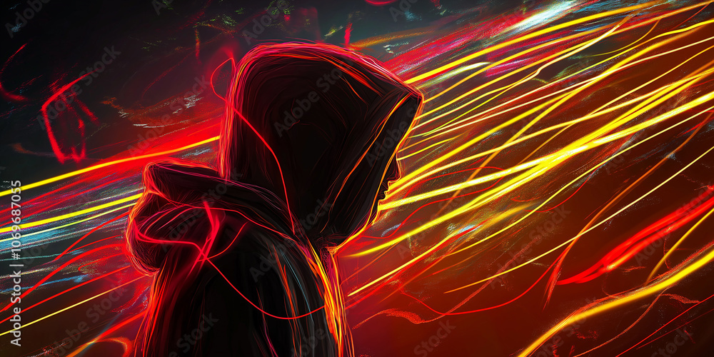 Poster Hacker in hoodie walking through data streams of light trails