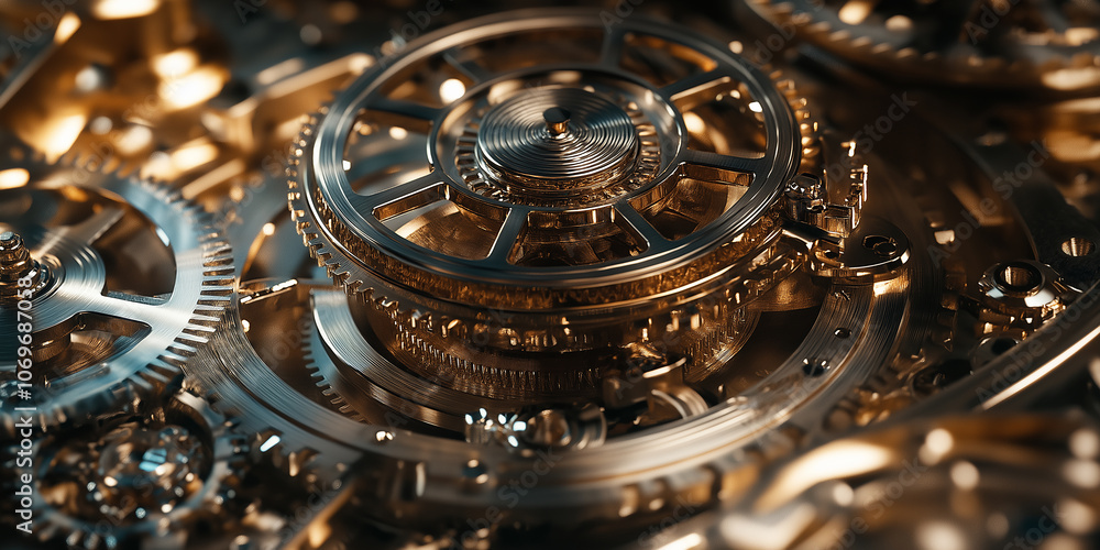 Poster golden clockwork mechanism is working with many gears