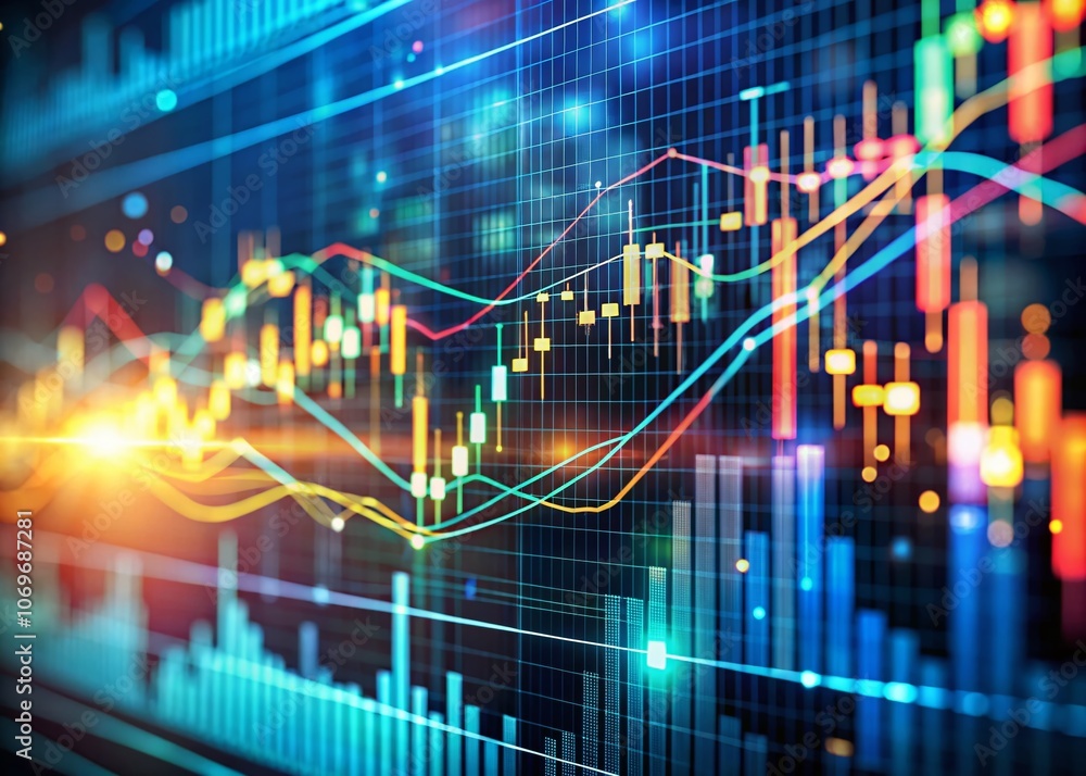 Poster abstract flow of digital data with glowing market charts representing financial trends and analytics