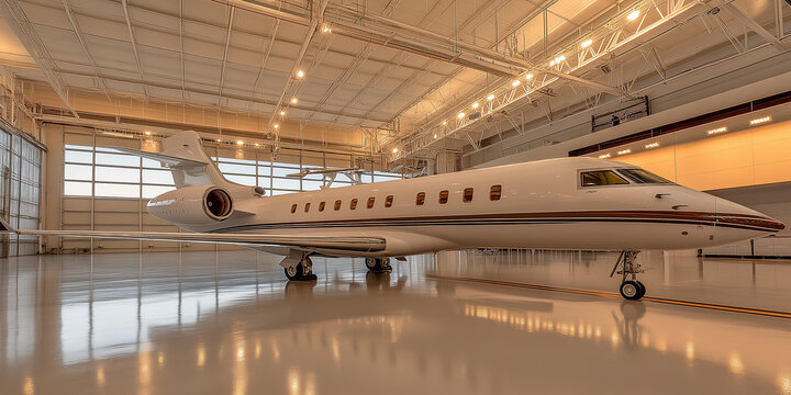 Modern private jet parked inside a spacious hangar