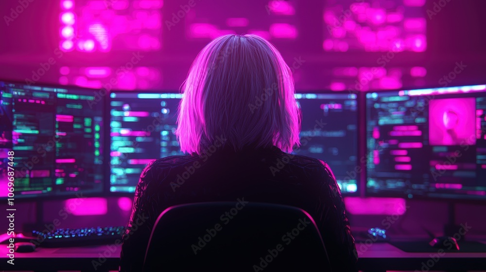 Poster woman coding in neon lit room with multiple monitors