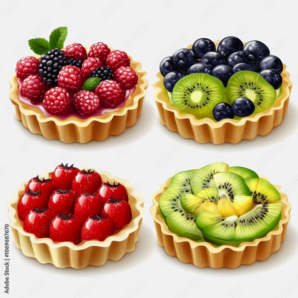 Aufkleber this image showcases an array of colorful fruit tarts featuring fresh berries and kiwi on a clean wh