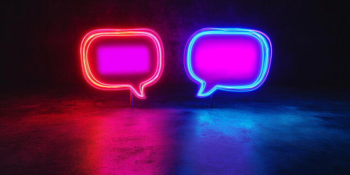Two speech bubbles glowing with neon lights exchanging messages in dark room