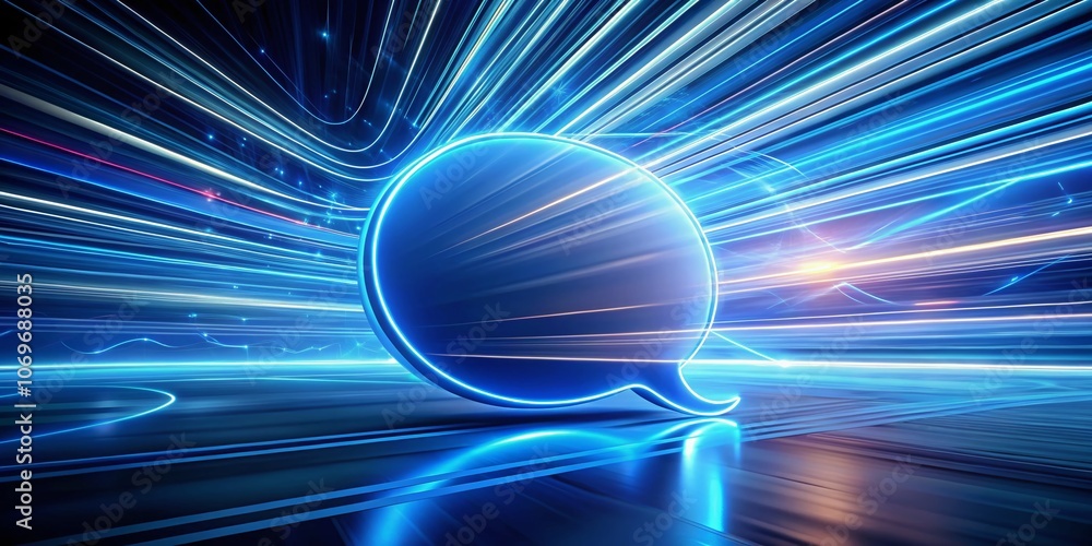 Poster abstract long exposure of a blank 3d blue speech bubble illustration with dynamic light trails and s
