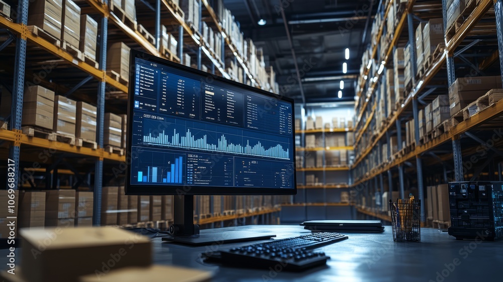 Poster a modern warehouse scene featuring a computer monitor displaying data analytics, surrounded by shelv