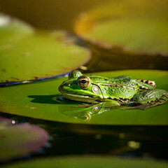 Close-up of frog resting on lily pad in calm pond at golden hour