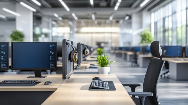 Modern call center featuring an empty customer service workstation.