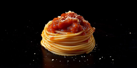 Delicious italian spaghetti with tomato sauce and parmesan cheese on black background