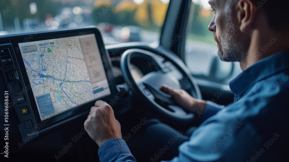 Poster a man navigates using a large map display while driving a vehicle, displaying focus on his route ami