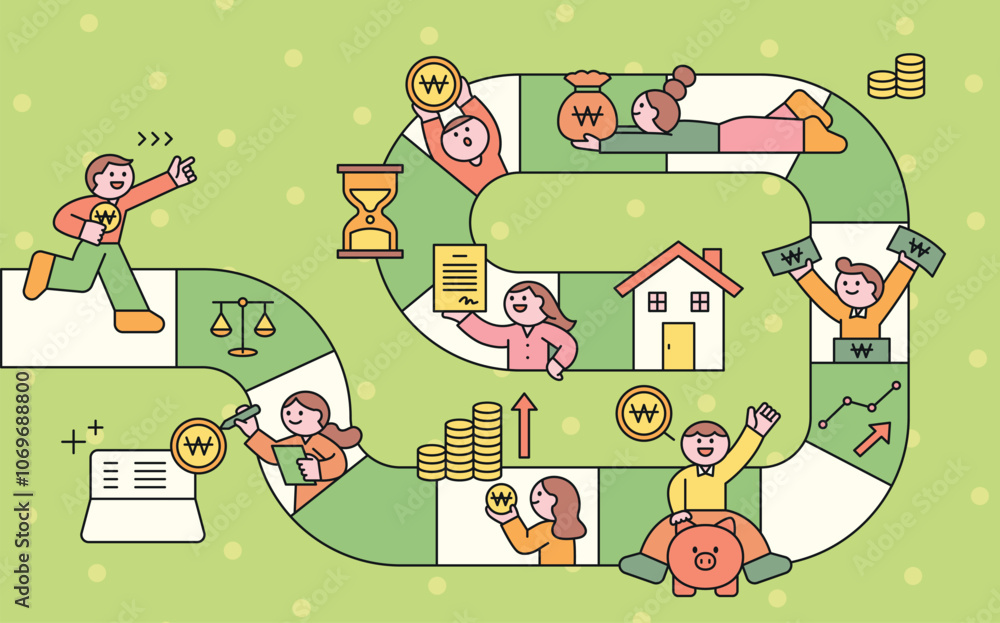 Poster plan and steps to buy a house. board game pathfinding concept. cuttiny character with outine.